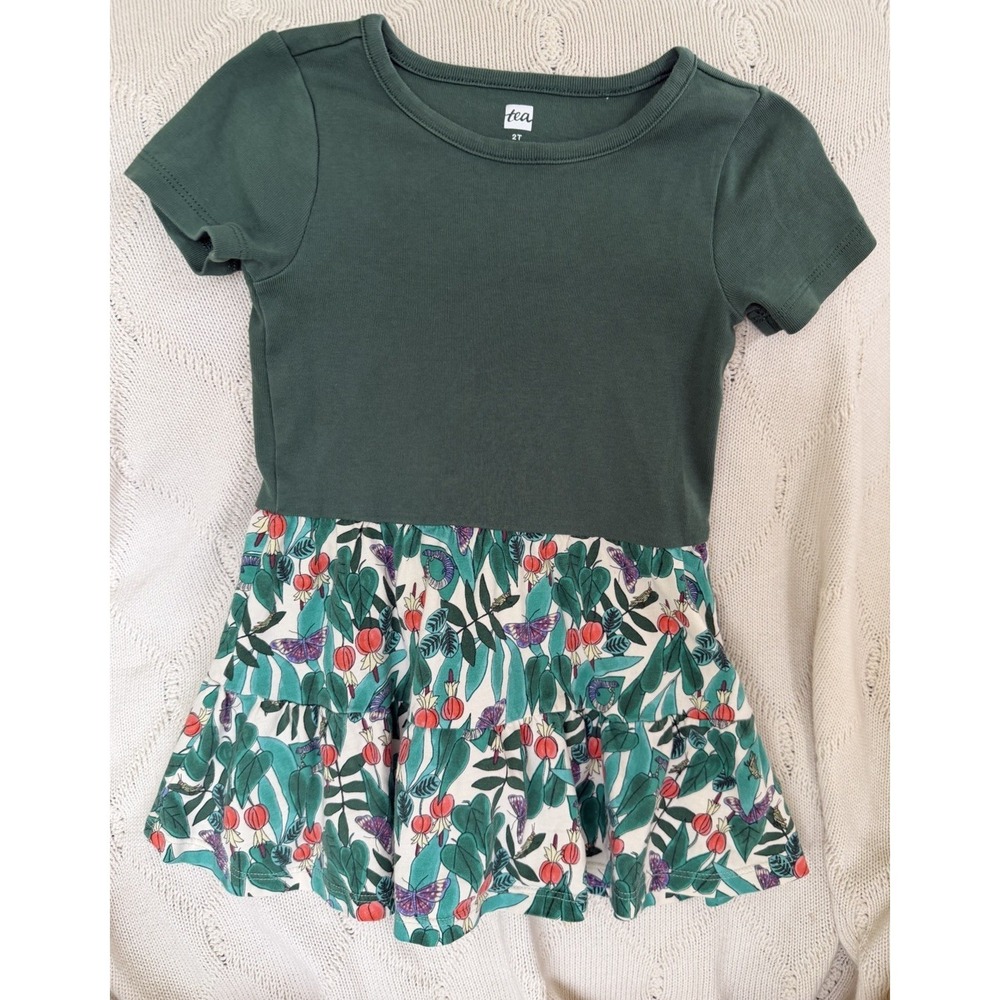 TEA COLLECTION Green Toddler Cotton Dress Jungle Botanical Size 2T Short Sleeves